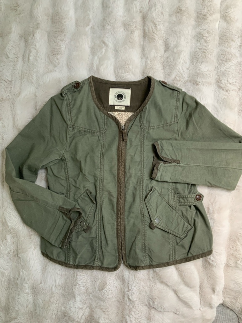 Vintage Anthropologie - Olive Green Utility Jacket with crochet back panel.